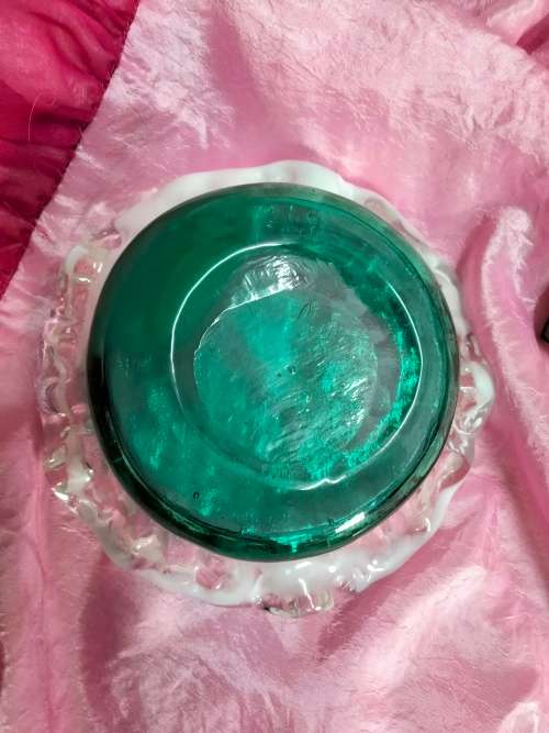 Studio Art Glass Hand Blown Green White infusion Frilled edges