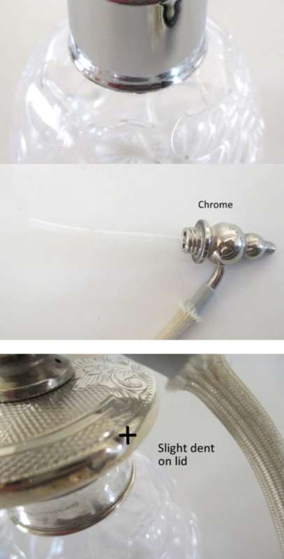 ROYAL BRIERLEY CUT CRYSTAL SIGNED- PERFUME ATOMISER  HALL MARKED SILVER TOP 1990 Birmingham dent
