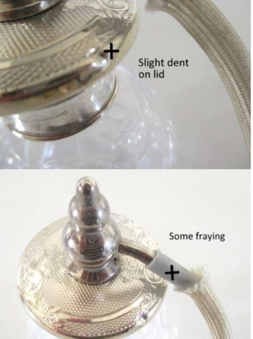 ROYAL BRIERLEY CUT CRYSTAL SIGNED- PERFUME ATOMISER  HALL MARKED SILVER TOP 1990 Birmingham dent