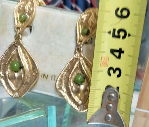 EARRING -  dangle Italian Clip on Costume Jewelry Gold tone with small green cabochon