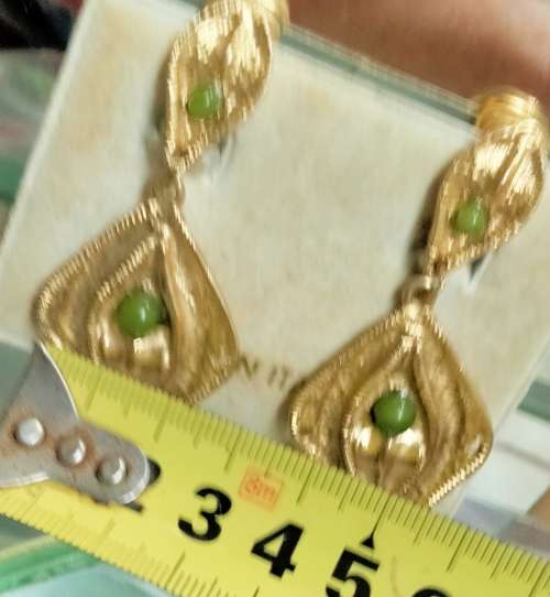 EARRING -  dangle Italian Clip on Costume Jewelry Gold tone with small green cabochon