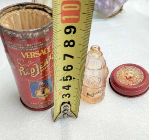 VERSACE RED JEANS coke miniature Art Glass empty perfume bottle+TIN