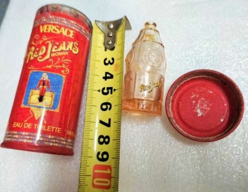 VERSACE RED JEANS coke miniature Art Glass empty perfume bottle+TIN