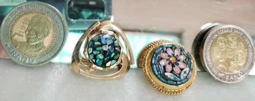 BROOCH 2 - 1 Micro Mosaic Mother Pearl Gilt 1PINK flower gold ITALY