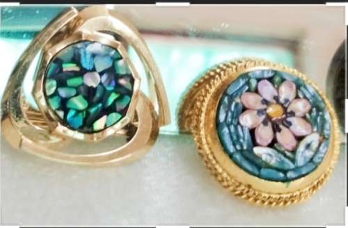 BROOCH 2 - 1 Micro Mosaic Mother Pearl Gilt 1PINK flower gold ITALY