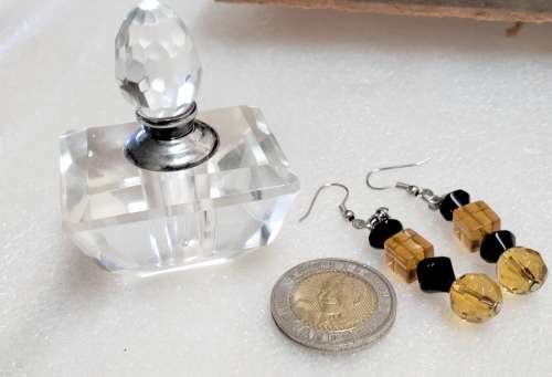 Perfume Bottle -Cut Glass Crystal + stopper+Dauber + Amber+ black Cut glass beads Earrings