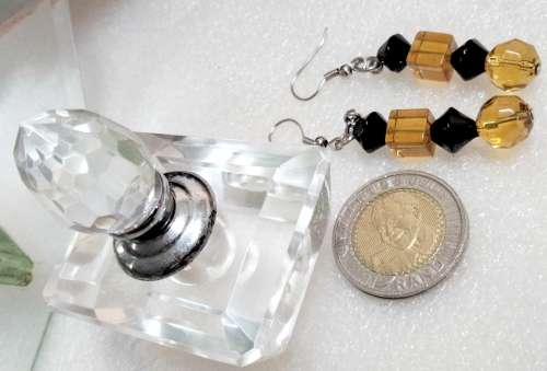 Perfume Bottle -Cut Glass Crystal + stopper+Dauber + Amber+ black Cut glass beads Earrings