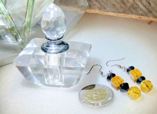 Perfume Bottle -Cut Glass Crystal + stopper+Dauber + Amber+ black Cut glass beads Earrings