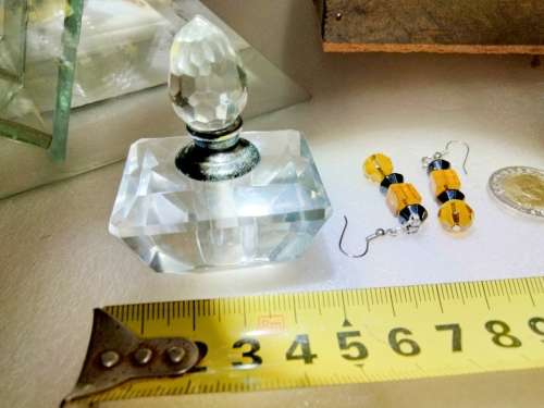 Perfume Bottle -Cut Glass Crystal + stopper+Dauber + Amber+ black Cut glass beads Earrings
