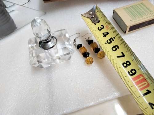 Perfume Bottle -Cut Glass Crystal + stopper+Dauber + Amber+ black Cut glass beads Earrings