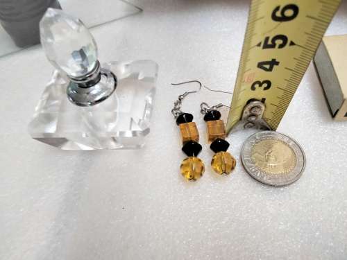 Perfume Bottle -Cut Glass Crystal + stopper+Dauber + Amber+ black Cut glass beads Earrings