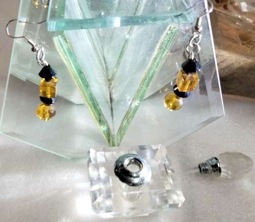 Perfume Bottle -Cut Glass Crystal + stopper+Dauber + Amber+ black Cut glass beads Earrings