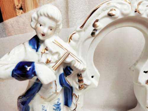 Porcelain Figurine Victorian Couple Musicians Blue + White Large piece