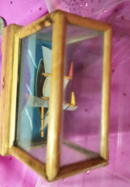 Oriental *Diorama *miniature Ship in glass+Bamboo *