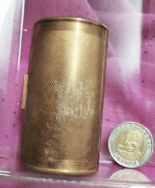 Cigarette box - *BARREL shape hinged lid Fleur de lys embossed  ORNATE  *GOLD TONE METAL
