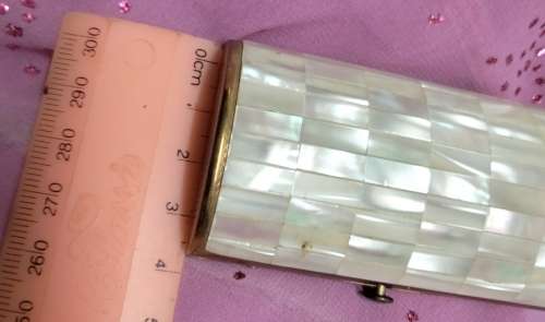 Vintage Cigarette box BARREL shape hinged lid Mother of Pearl ornate yellow metal