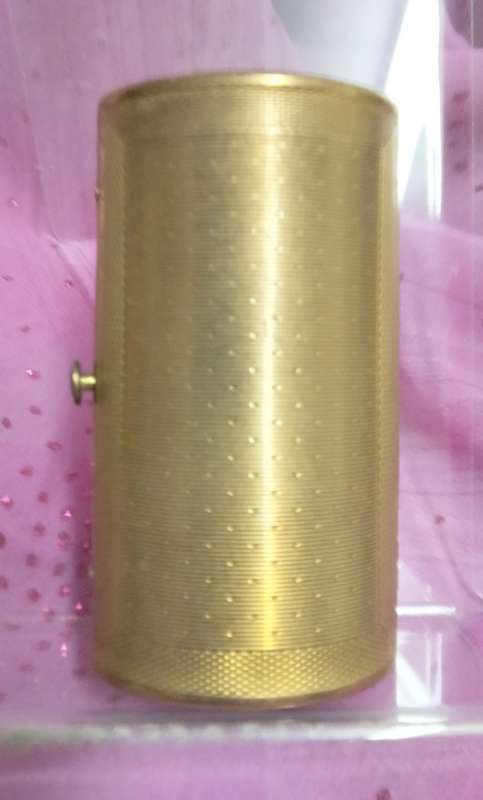 Vintage Cigarette box BARREL shape hinged lid Mother of Pearl ornate yellow metal