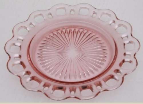 Pink lace cake Plate Glass Anchor Hocking cut outs edge +Note free 2 pink glass Cups have chips