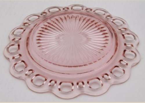 Pink lace cake Plate Glass Anchor Hocking cut outs edge +Note free 2 pink glass Cups have chips