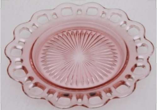 Pink lace cake Plate Glass Anchor Hocking cut outs edge +Note free 2 pink glass Cups have chips