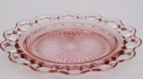 Pink lace cake Plate Glass Anchor Hocking cut outs edge +Note free 2 pink glass Cups have chips