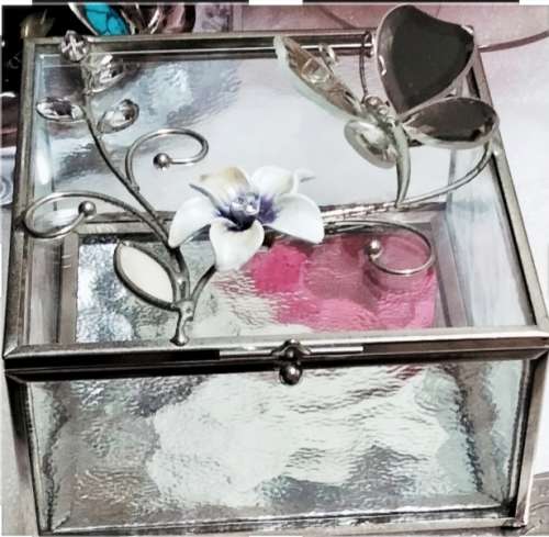 Sophia Collections ? glass trinket box -flowers crystals mirror