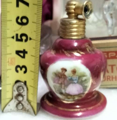 Perfume Bottle - ceramic LIMOGE  gilt top + dauber no pump Romantic Couple France