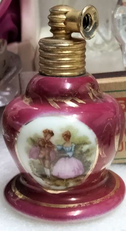 Perfume Bottle - ceramic LIMOGE  gilt top + dauber no pump Romantic Couple France