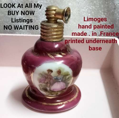 Perfume Bottle - ceramic LIMOGE  gilt top + dauber no pump Romantic Couple France