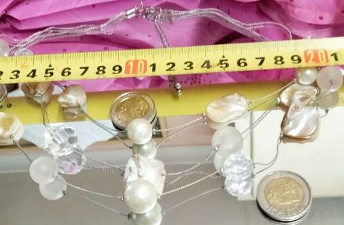 NECKLACE BIB 2 Strand Genuine KEISHA Pearls square SilverTone Metal