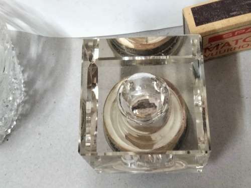 Inkwell stamped EPNS on collar Hinged lid lead Crystal  bevelled edges No chips No cracks