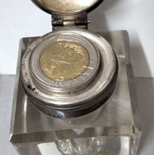 Inkwell stamped EPNS on collar Hinged lid lead Crystal  bevelled edges No chips No cracks