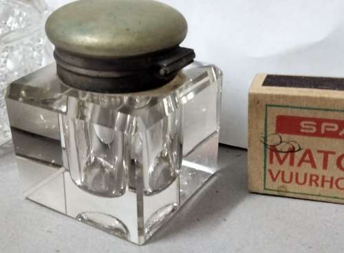 Inkwell stamped EPNS on collar Hinged lid lead Crystal  bevelled edges No chips No cracks