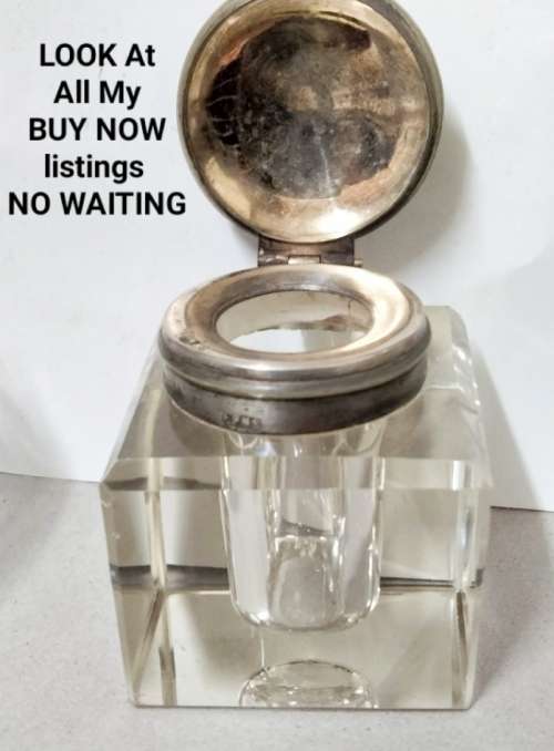Inkwell stamped EPNS on collar Hinged lid lead Crystal  bevelled edges No chips No cracks