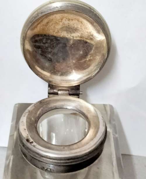 Inkwell stamped EPNS on collar Hinged lid lead Crystal  bevelled edges No chips No cracks