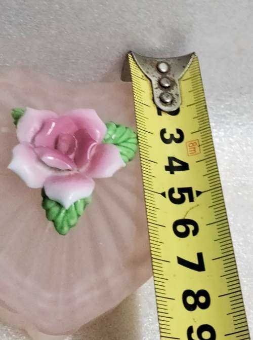 Pretty Pink Trinket box +lid ribbed Pink Satin Frosted glass has porcelain rose on top