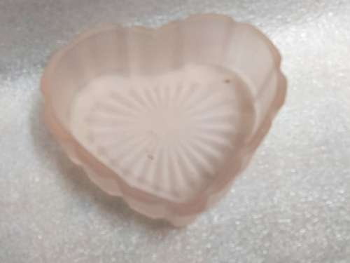 Pretty Pink Trinket box +lid ribbed Pink Satin Frosted glass has porcelain rose on top