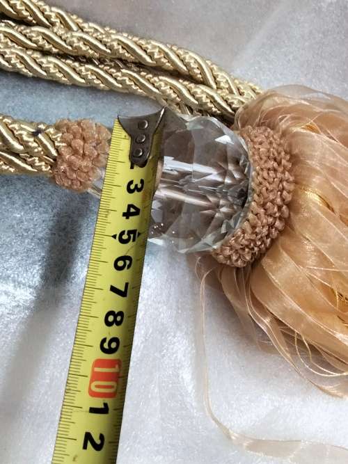 2 CURTAIN TIE BACKs Gilt rope 2 crystals multiple dangle ribbons cotton End beads