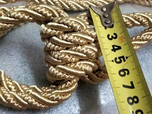 2 CURTAIN TIE BACKs Gilt rope 2 crystals multiple dangle ribbons cotton End beads
