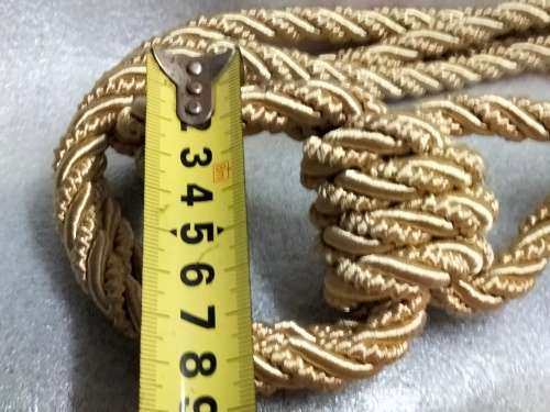 2 CURTAIN TIE BACKs Gilt rope 2 crystals multiple dangle ribbons cotton End beads