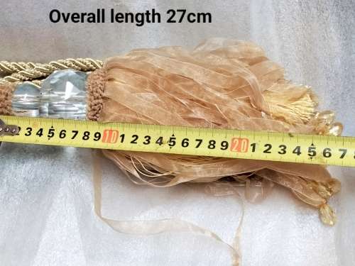 2 CURTAIN TIE BACKs Gilt rope 2 crystals multiple dangle ribbons cotton End beads