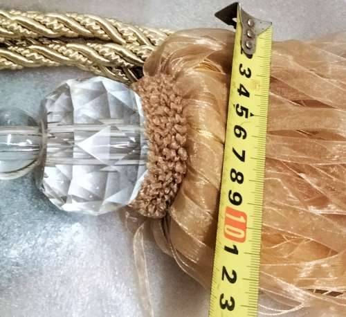 2 CURTAIN TIE BACKs Gilt rope 2 crystals multiple dangle ribbons cotton End beads