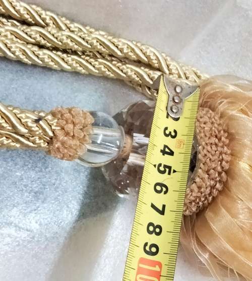 2 CURTAIN TIE BACKs Gilt rope 2 crystals multiple dangle ribbons cotton End beads