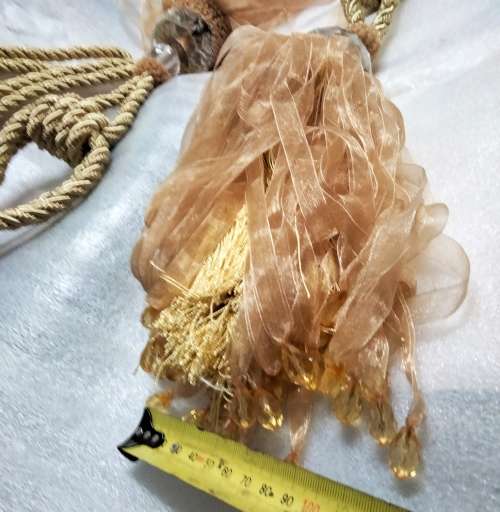 2 CURTAIN TIE BACKs Gilt rope 2 crystals multiple dangle ribbons cotton End beads