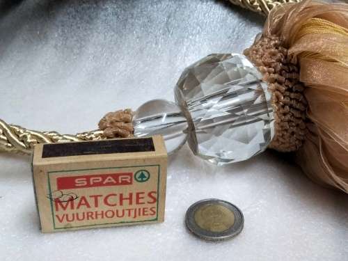 2 CURTAIN TIE BACKs Gilt rope 2 crystals multiple dangle ribbons cotton End beads