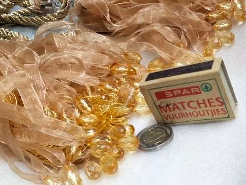 2 CURTAIN TIE BACKs Gilt rope 2 crystals multiple dangle ribbons cotton End beads