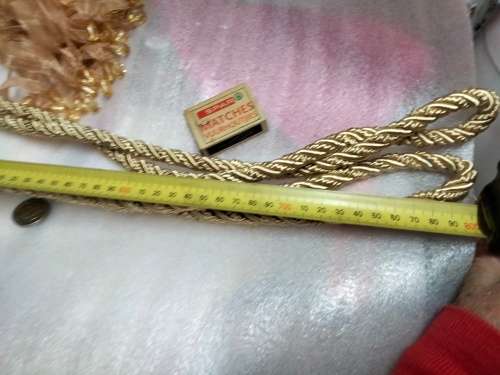 2 CURTAIN TIE BACKs Gilt rope 2 crystals multiple dangle ribbons cotton End beads