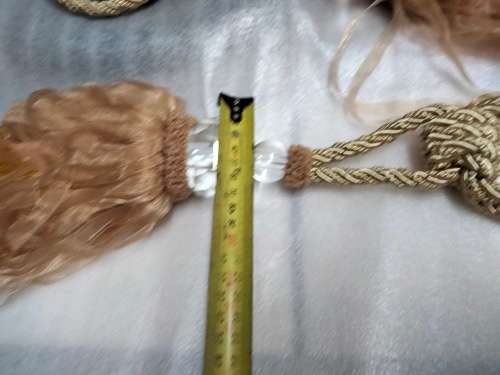 2 CURTAIN TIE BACKs Gilt rope 2 crystals multiple dangle ribbons cotton End beads