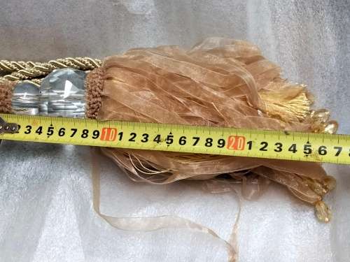 2 CURTAIN TIE BACKs Gilt rope 2 crystals multiple dangle ribbons cotton End beads