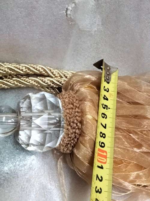 2 CURTAIN TIE BACKs Gilt rope 2 crystals multiple dangle ribbons cotton End beads
